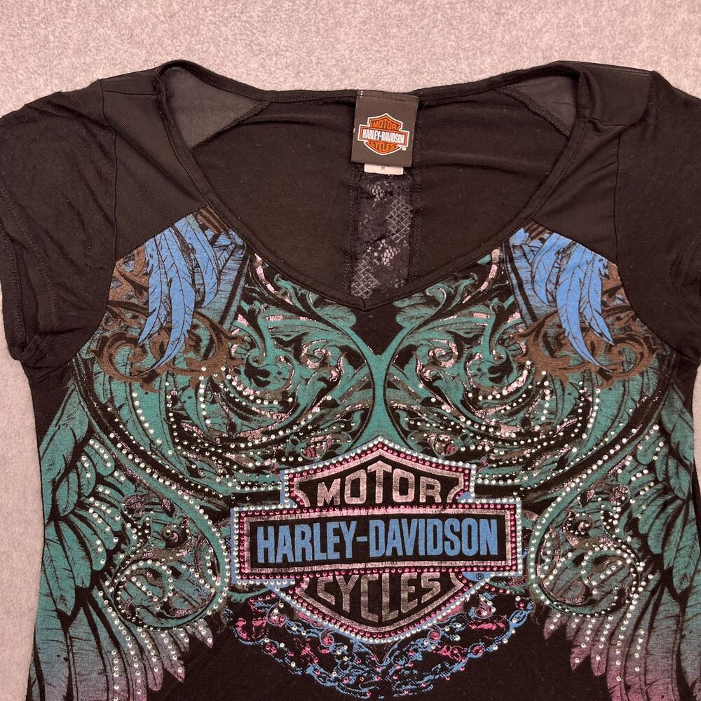 Vintage Harley-Davidson T-Shirt Womens Medium Black Rhinestones Embellished USA - Picture 5 of 11